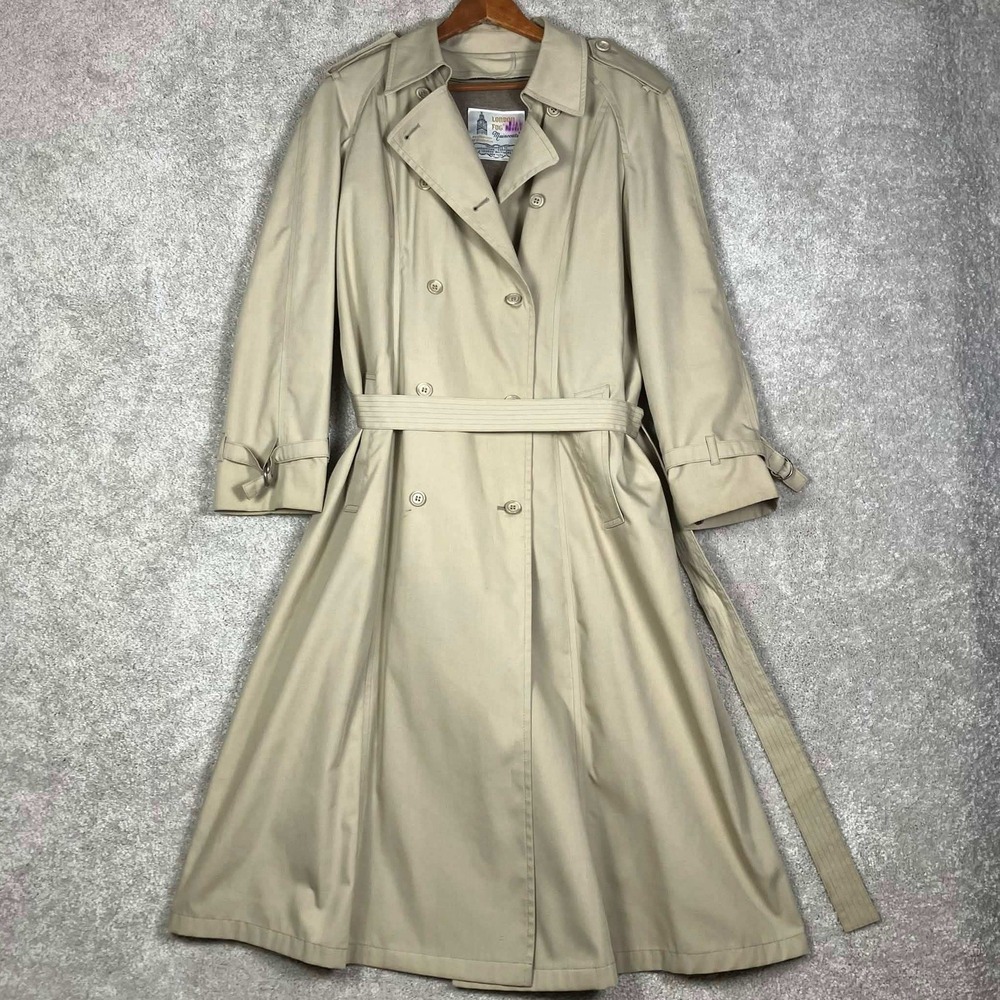 Vintage London Fog Trench Coat Womens 14 Reg Tan Double Breasted Belted